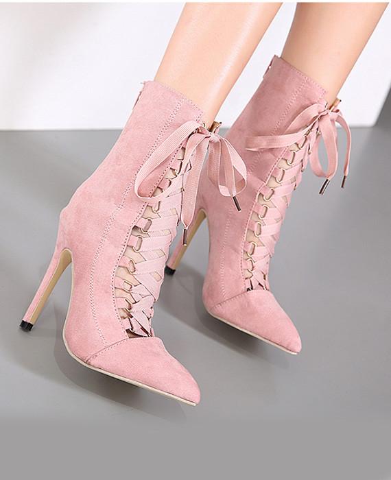 Lace Up High Heel Boots Pink Gladiator Sandals Heels---Seamido