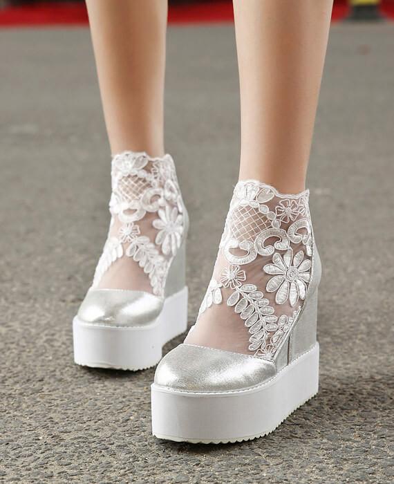 Platform High Heels Round Toe Women White Lace Ribbon Cross Strap Design  Cover Side Zipper New Fashion Wedding Shoes - AliExpress