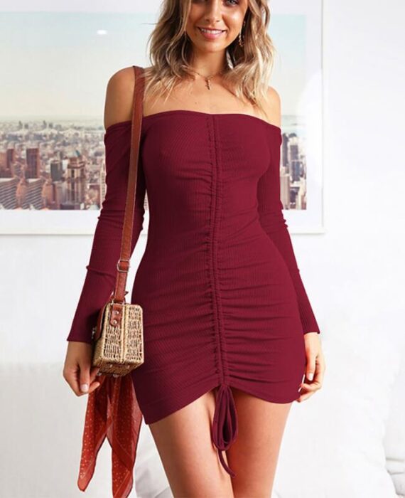 Drawstring Off The Shoulder Bodycon Dress Off The Shoulder Mini Dress 