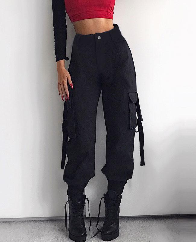 Slim Fit Mid rise Elasticated hems Cargo Trousers | Black | Vero Moda®