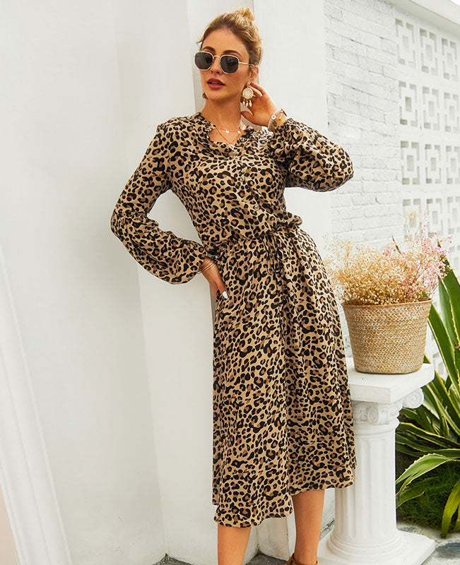 Leopard Print Shirt Dress Animal Print Dress Khaki Shirt Dress-- Seamido