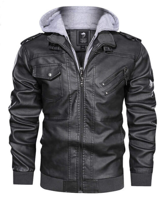 PU Men Black Leather Jacket Zip-Up Motorcycle Bomber Jacket