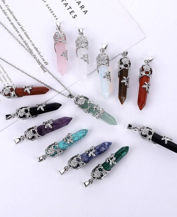 Floral Wrapped Gemstone Crystal Necklace, Silver Chain