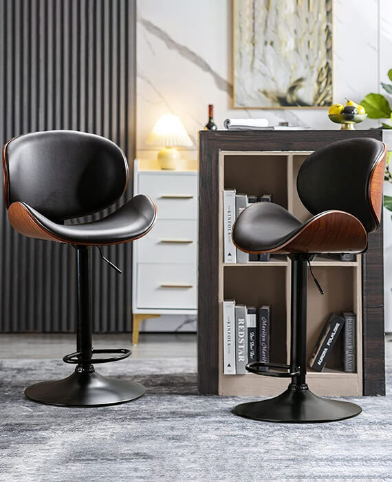 Black leather swivel best sale bar stools with backs