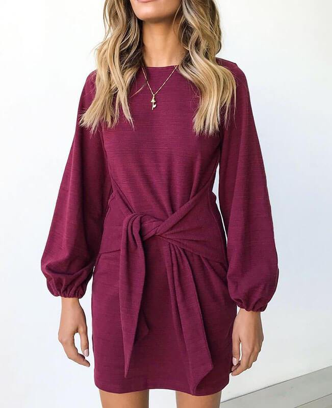 Long Sleeve Solid Color Belted Dress-2
