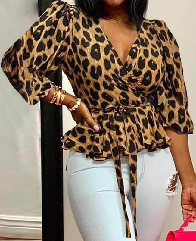 Women's Casual Tops V-Neck Leopard Loose Blouse