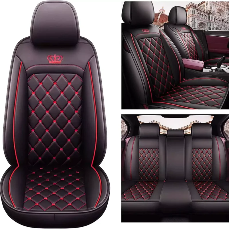 For Leather Honda Car Seat Covers Universal Front Rear Seat Protectors -BLACK & RED