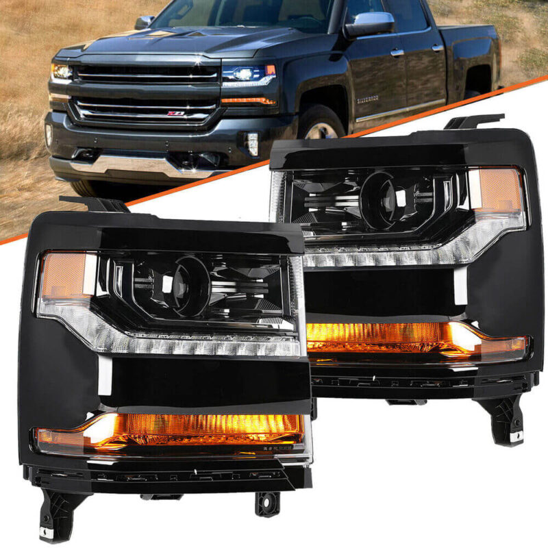 Pair For 2016 Chevy Silverado 1500 Headlights 2017 2018 2019 Gloss Black